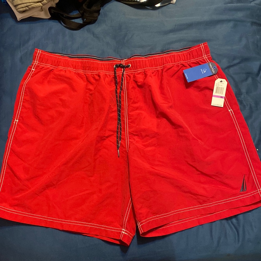 Brand New Nautica swim trunks red with navy blue white.. “fair offers welcome”